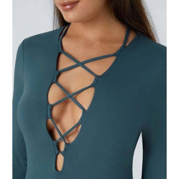 Halara Lace Up Long Sleeve Mini Dress - Picture 4 of 7